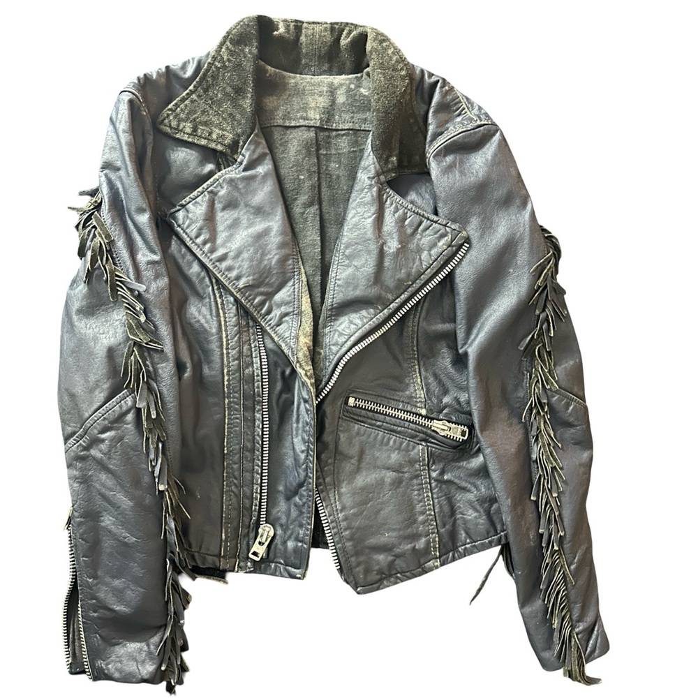 Agatha Blois custom one of one leather moto jacket with fringe detailing